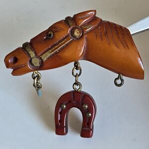 Vintage Bakelite Horse Brooch Equestrian Pin Carved w/ Horseshoe Dangle Tested